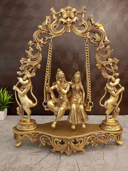Brass Swing Radha Krishna Idol – 18 Inch | Lord Krishna & Radha Jhula Statue | Traditional Brass Pooja & Home Decor