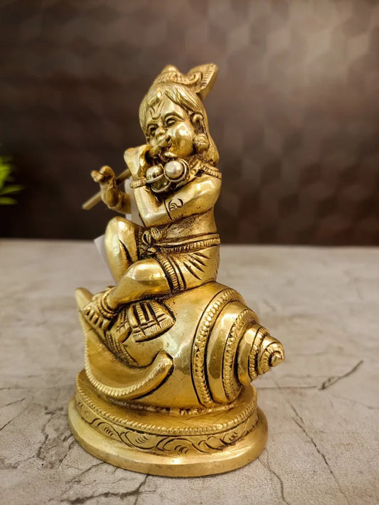 Brass Sangu Krishna Idol – 5 Inch | Krishna with Shankha Brass Statue | Traditional Lord Krishna Pooja & Spiritual Decor