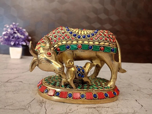 Brass Stone Cow & Calf Idol for Pooja | Kamadhenu Brass Statue with Stone Work | Traditional Pooja Room & Home Décor