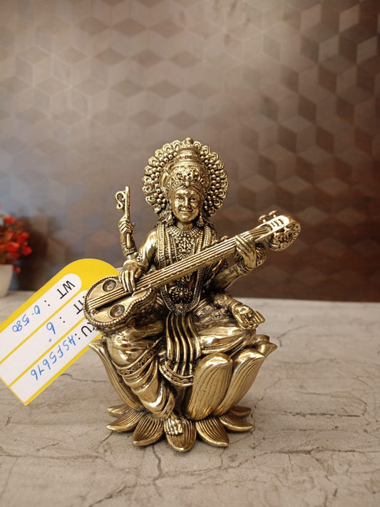 Brass Fine Art Saraswathi Idol Sitting on Lotus | Premium Handcrafted Goddess Saraswati Brass Statue for Pooja, Home & Vastu