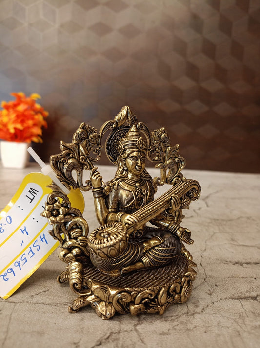 Brass Fine Art Saraswathi with Thiruvachi Idol | Premium Handcrafted Goddess Saraswati Brass Statue for Pooja, Home & Vastu