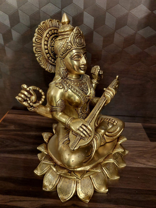 Brass Saraswathi Idol on Lotus Base | Premium Goddess Saraswati Brass Statue for Pooja, Study Room & Home Decor