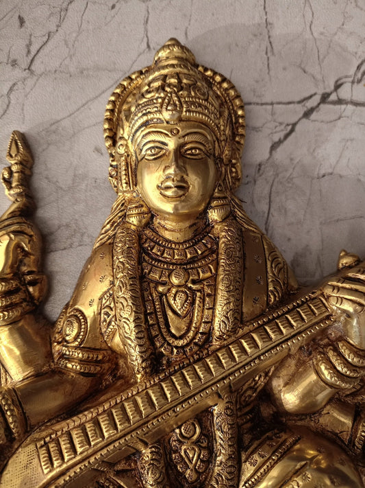 Brass Saraswathi Wall Mount Idol | Premium Goddess Saraswati Brass Wall Décor for Pooja Room, Study & Home