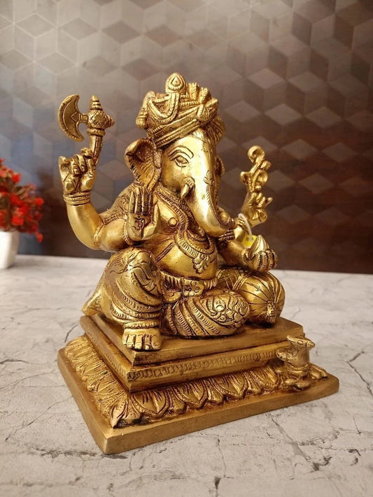 Brass Pagadi Ganesha Idol 12.5 Inch | Traditional Lord Ganesha Statue for Pooja Room, Home Decor & Gifting