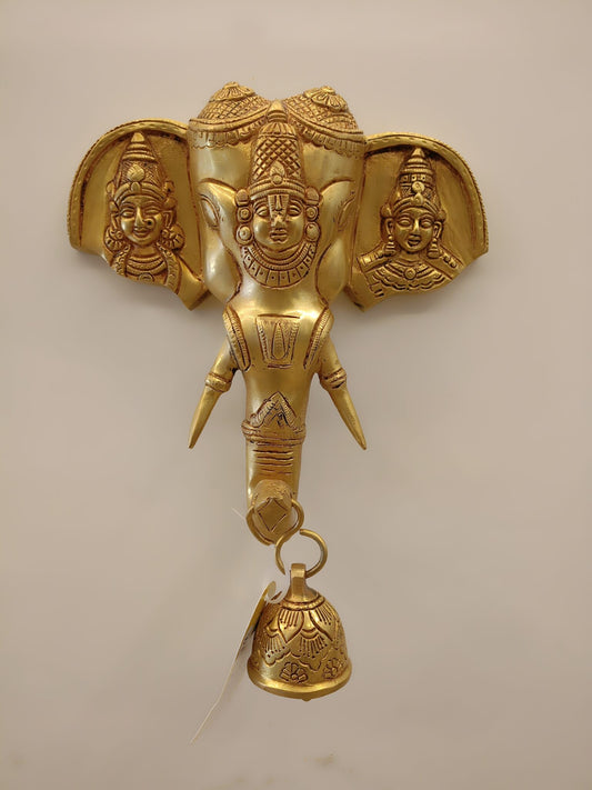 12″ Brass Elephant Face with Perumal Wall Mount | Divine Perumal Wall Hanging for Home, Pooja & Vastu Décor