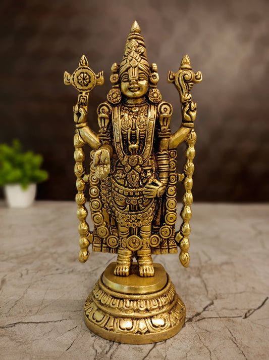 Antique Brass Lord Venkateswara Idol | Sri Balaji Srinivasa Statue with Shangu Chakra | Traditional 8 Inch Hindu God Idol for Pooja Room & Home Decor