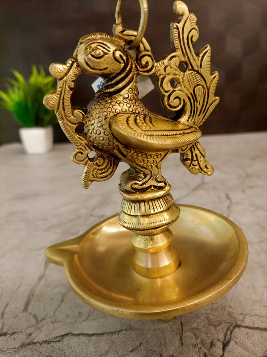 Antique Brass Peacock Hanging Diya | Traditional Single Face Hanging Oil Lamp with Peacock Design | 21 Inch Brass Pooja Lamp for Home & Temple Décor