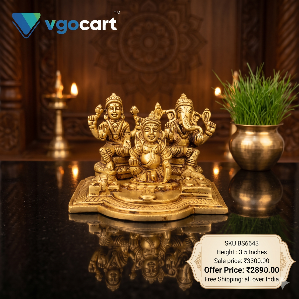 Brass Lakshmi Kuberar Ganesha with Tortoise Idol – 3.5 Inch | Wealth, Prosperity & Divine Pooja Décor