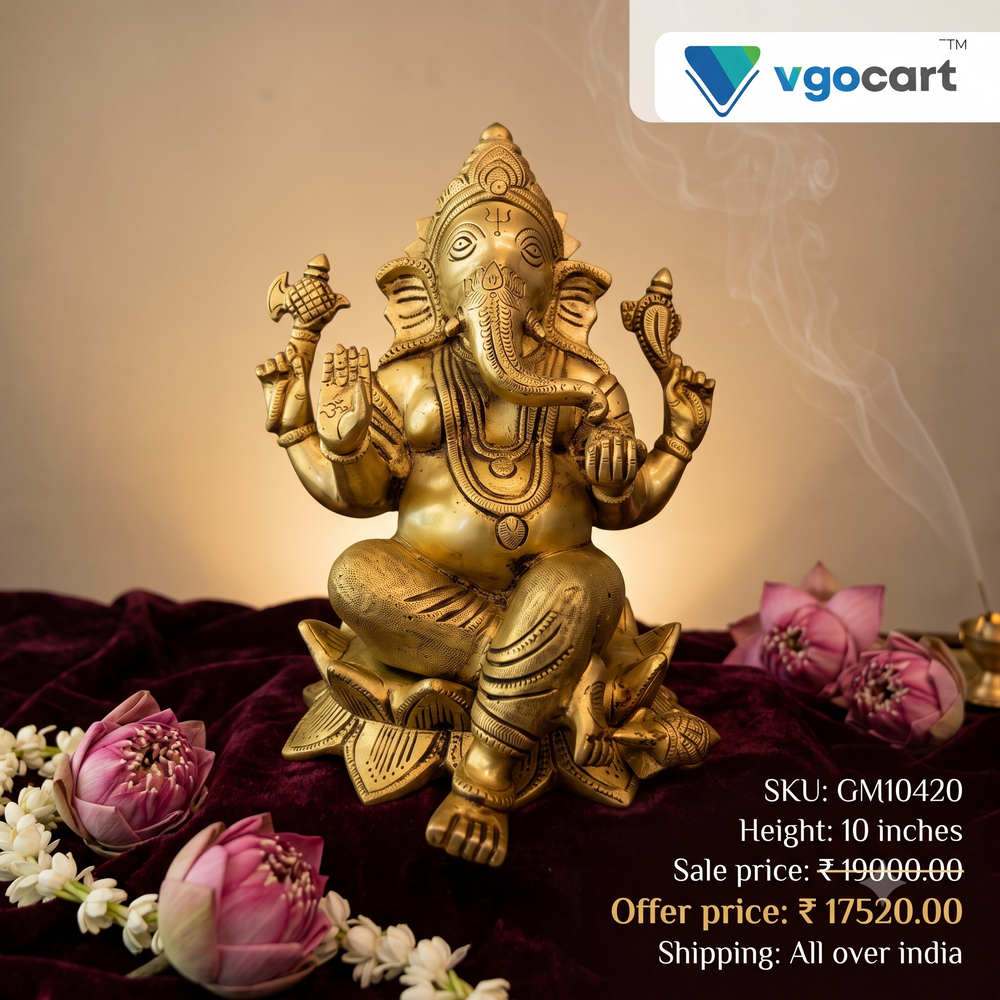 Premium Brass Ganesha on Lotus Pedestal | Padma Ganapati Idol for Vastu Purity & Luxury Heritage Decor