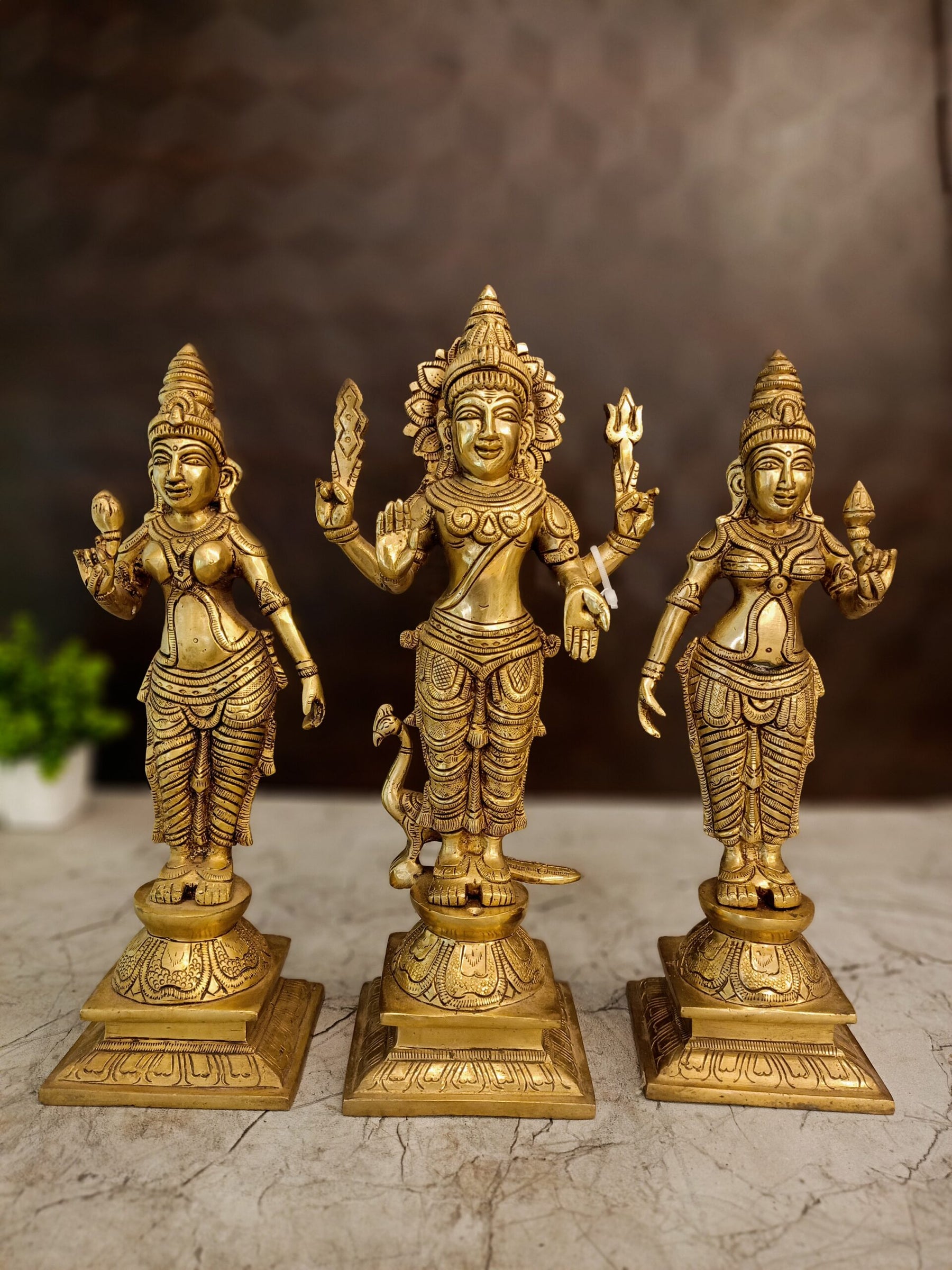 12″ Brass Murugan Valli Deivanai Idol | Lord Murugan with Valli & Deivanai Premium Brass Statue for Pooja & Home