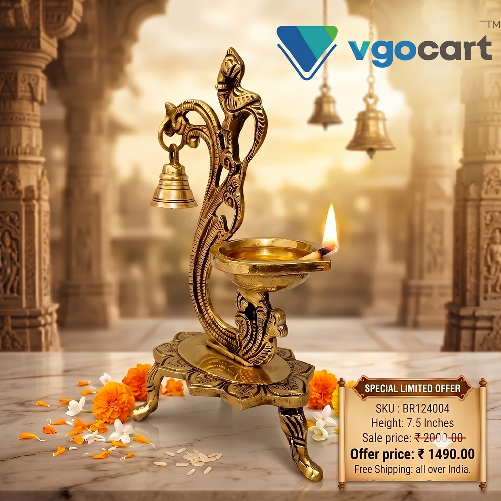 Brass Single Face Diya with Designer Base & Bell | Premium Handcrafted Brass Oil Lamp for Pooja, Home & Vastu