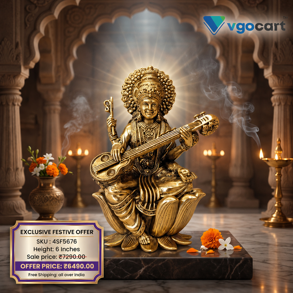 Brass Fine Art Saraswathi Idol Sitting on Lotus | Premium Handcrafted Goddess Saraswati Brass Statue for Pooja, Home & Vastu