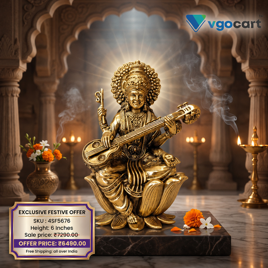 Brass Fine Art Saraswathi Idol Sitting on Lotus | Premium Handcrafted Goddess Saraswati Brass Statue for Pooja, Home & Vastu