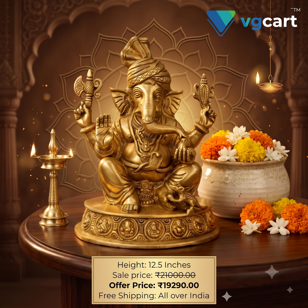 Brass Pagadi Ganesha Idol 12.5 Inch | Traditional Lord Ganesha Statue for Pooja Room, Home Decor & Gifting