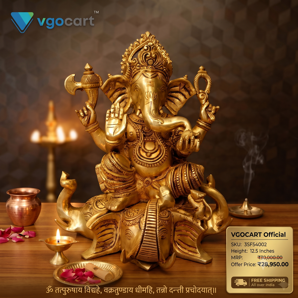 Brass Ganesha Idol on Sitting Elephant Head – 12.5 Inch | Premium Traditional Ganesh Statue for Pooja & Home Decor