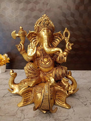 Brass Ganesha Idol on Sitting Elephant Head – 12.5 Inch | Premium Traditional Ganesh Statue for Pooja & Home Decor