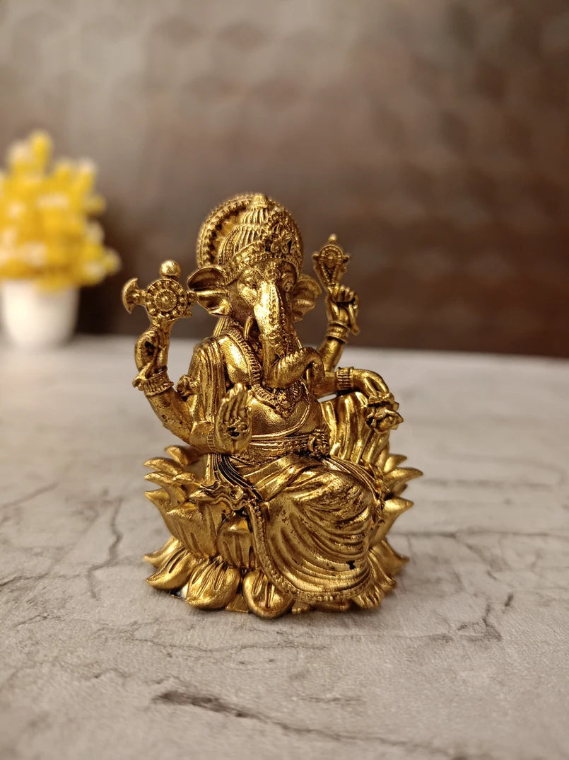 Brass Fine Art Lotus Ganesha Idol – 2.5 Inch | Elegant Ganesh Statue for Pooja, Home & Office Décor