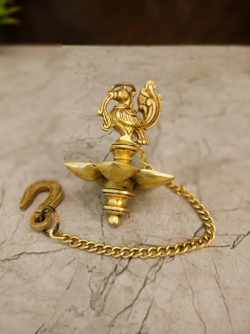 Brass Five Face Hanging Diya – 20 Inch | Traditional Panchamukhi Brass Oil Lamp for Pooja & Home Décor
