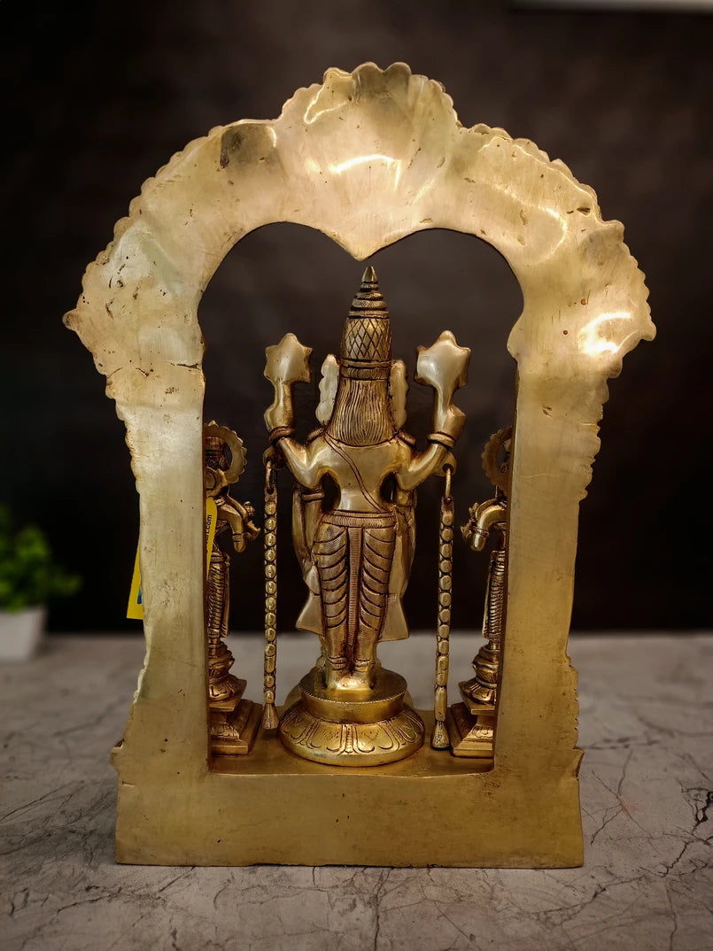 Brass Balaji Venkateswara with Sridevi, Bhudevi & Lakshmi Idol 15.5 Inch | Thiruvachi Venkateswara Statue for Pooja Room & Home
