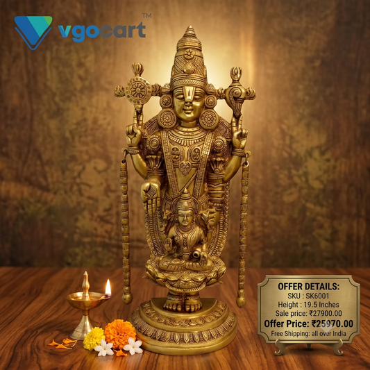 Brass Chain Balaji with Lakshmi Idol – 19.5 Inch | Venkateswara Perumal with Goddess Lakshmi | Traditional Brass Temple Statue