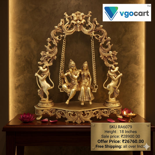 Brass Swing Radha Krishna Idol – 18 Inch | Lord Krishna & Radha Jhula Statue | Traditional Brass Pooja & Home Decor