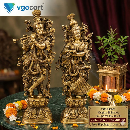 Antique Brass Radha Krishna Idol – 30 Inch | Traditional Radha Krishna Statue | Premium Brass Spiritual & Home Decor