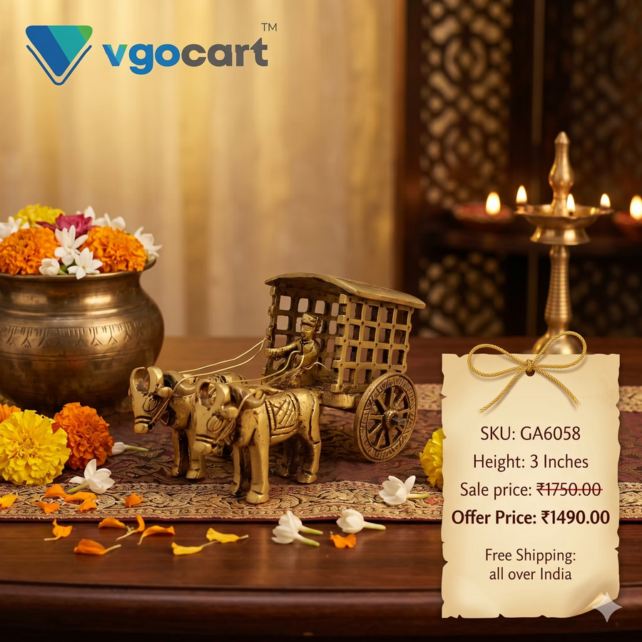Vintage Brass Bullock Cart Showpiece – 3 Inch | Traditional Indian Village Cart Miniature | Antique Brass Home & Table Décor