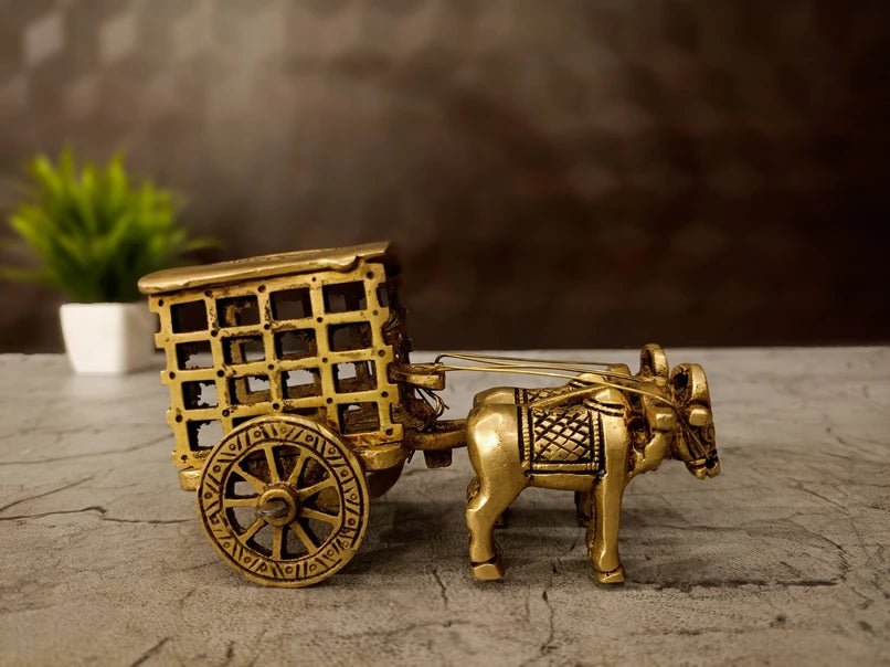 Vintage Brass Bullock Cart Showpiece – 3 Inch | Traditional Indian Village Cart Miniature | Antique Brass Home & Table Décor