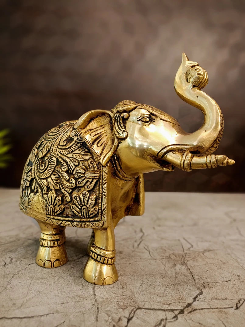 Brass Elephant Idol – 7.5 Inch | Traditional Indian Elephant Statue | Premium Brass Showpiece for Home, Office & Vastu Decor