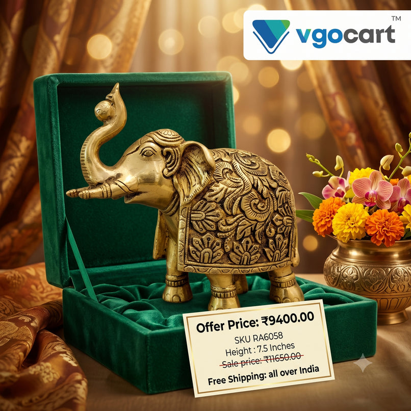 Brass Elephant Idol – 7.5 Inch | Traditional Indian Elephant Statue | Premium Brass Showpiece for Home, Office & Vastu Decor