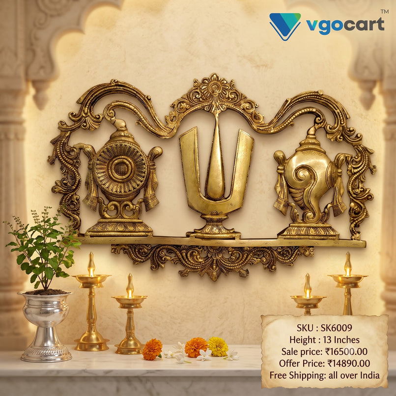 Brass Sangu Chakra Namam Wall Mount – 13 Inch | Traditional Vaishnavite Wall Décor for Pooja Room & Home