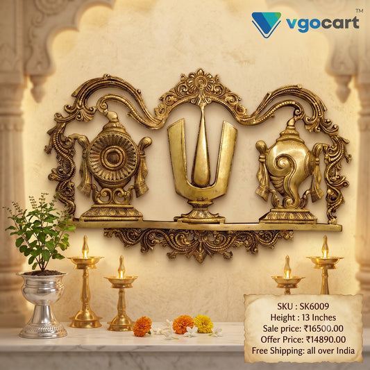 Brass Sangu Chakra Namam Wall Mount – 13 Inch | Traditional Vaishnavite Wall Décor for Pooja Room & Home