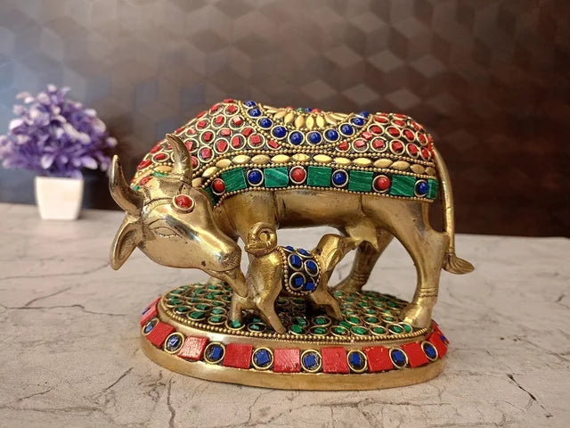 Brass Stone Cow & Calf Idol for Pooja | Kamadhenu Brass Statue with Stone Work | Traditional Pooja Room & Home Décor