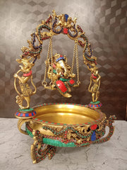 Brass Decorative Ganesha Stone Uruli | Traditional Brass Urli Bowl for Floating Flowers, Home Décor & Wedding Gifting