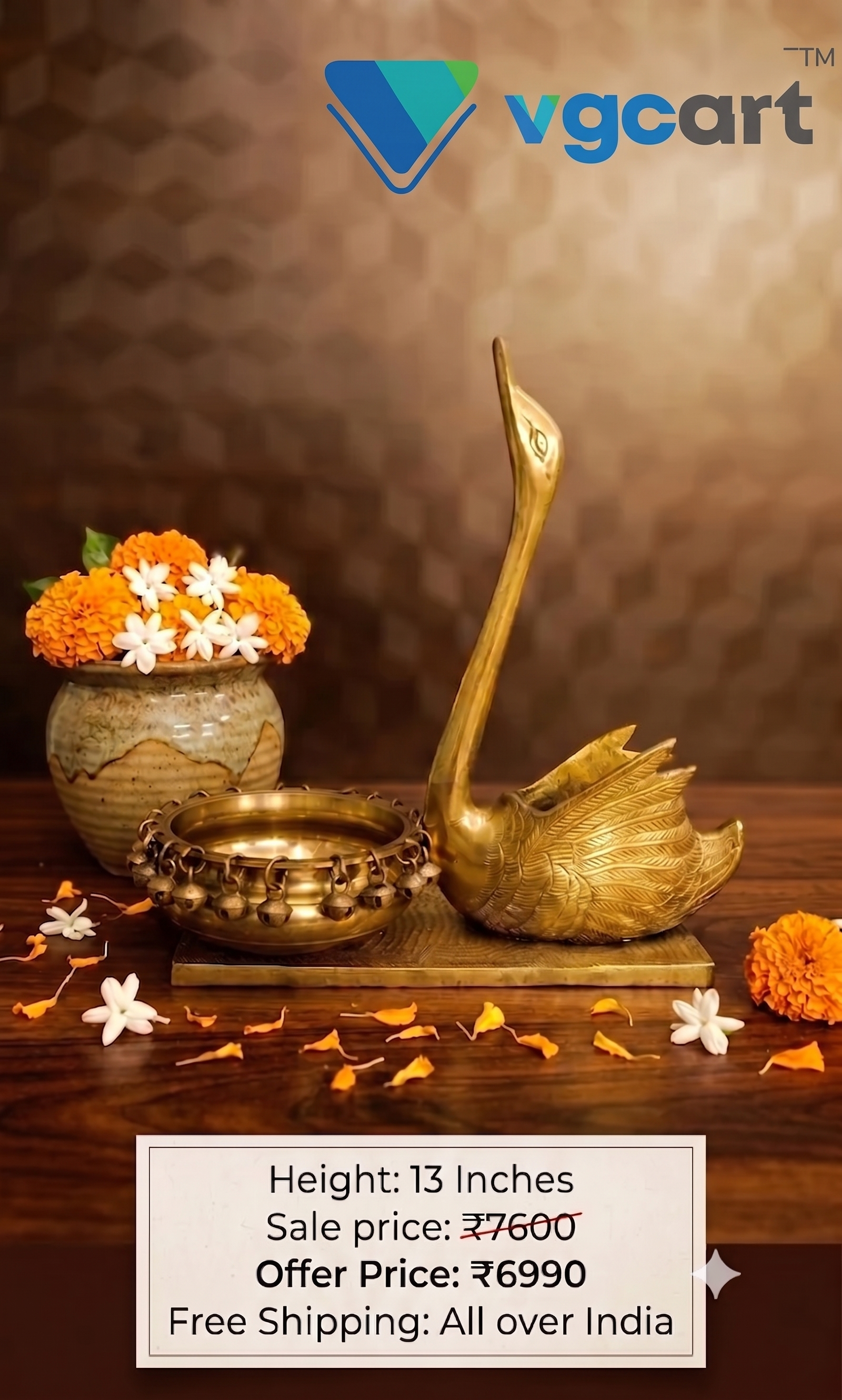Brass Swan Uruli 13 Inch | Traditional Swan Brass Urli Bowl for Floating Flowers, Home Décor & Wedding Gifting