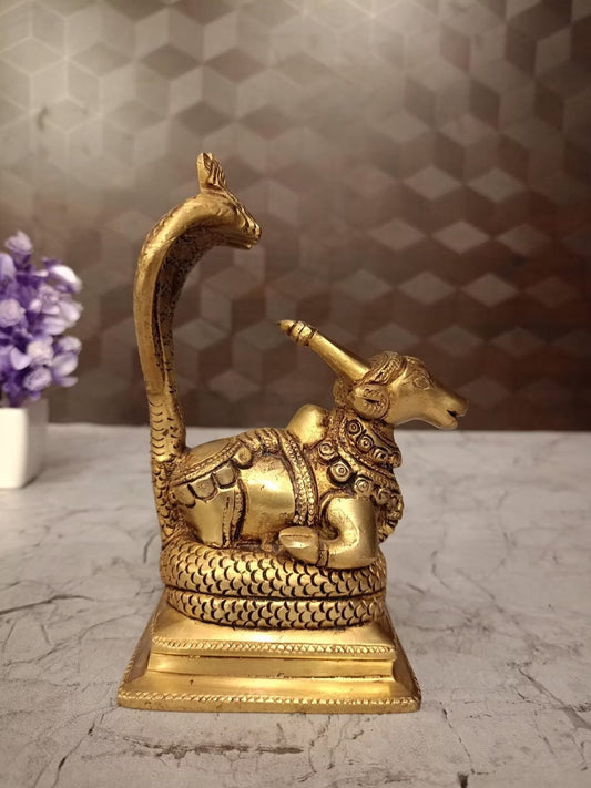 Brass Nandi Snake Idol 6 Inch – Sacred Nandi with Serpent Brass Statue for Pooja Room & Shiva Décor