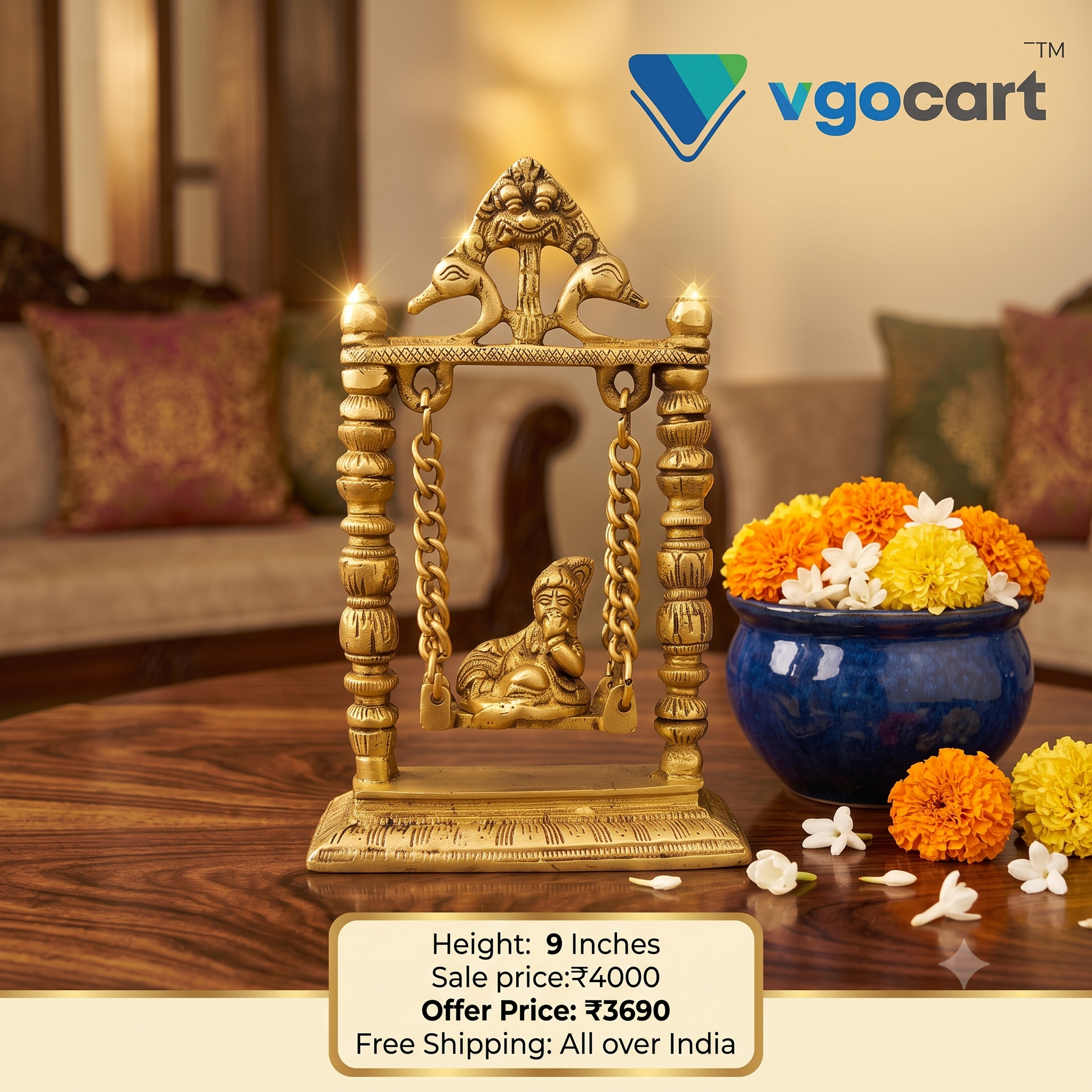 Brass Swing Baby Krishna Idol | Premium Bal Krishna Jhula Brass Statue for Pooja, Home & Vastu Decor