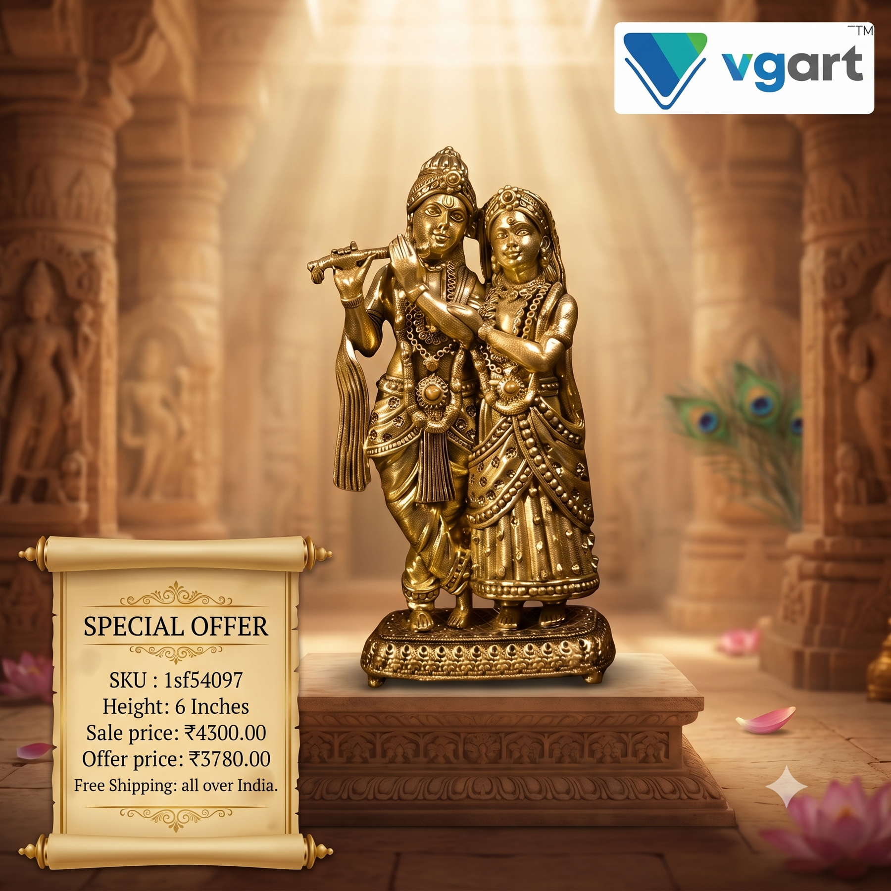 Brass Radha Krishna Idol | Premium Handcrafted Brass Krishna Radha Statue for Pooja, Home & Vastu Décor