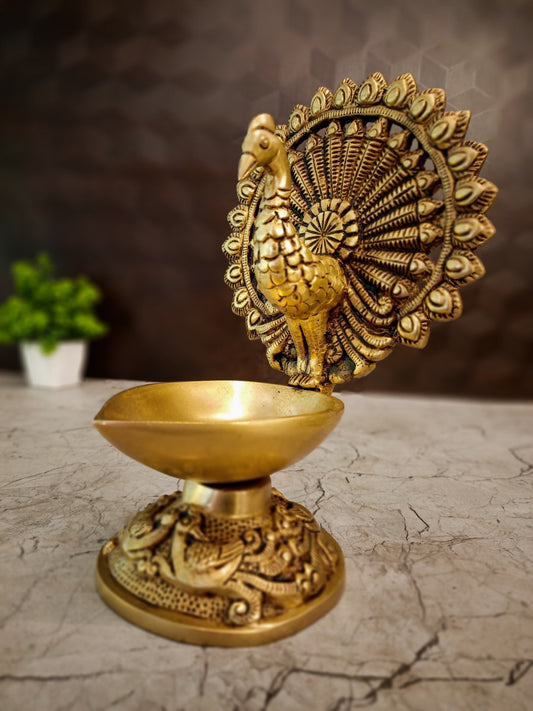 Brass Single Face Peacock Diya | Handcrafted Brass Mayil Oil Lamp for Pooja, Home & Vastu