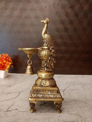 Brass Peacock Diya with Bell | Handcrafted Mayil Brass Oil Lamp for Pooja, Home & Vastu