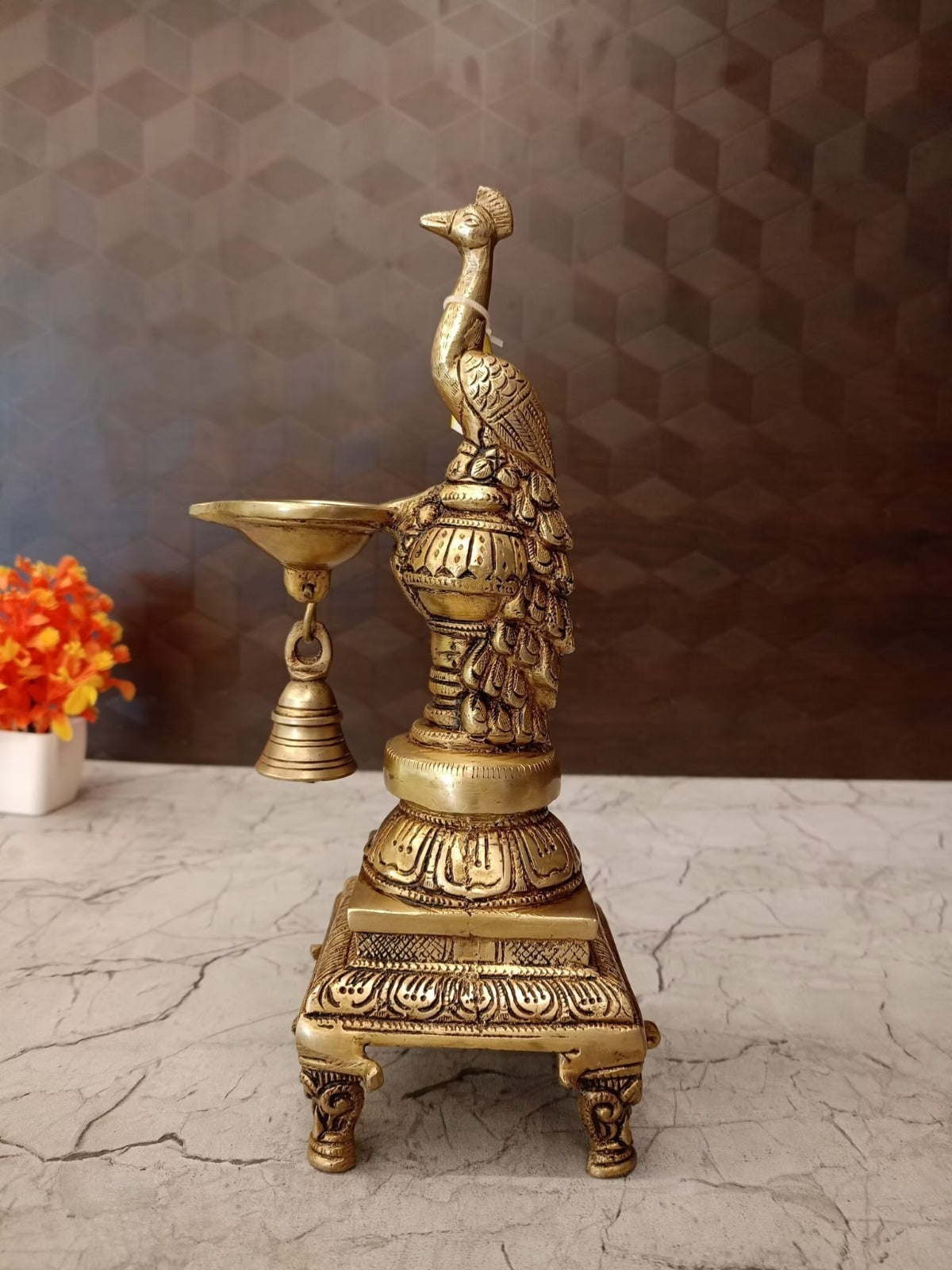 Brass Peacock Diya with Bell | Handcrafted Mayil Brass Oil Lamp for Pooja, Home & Vastu