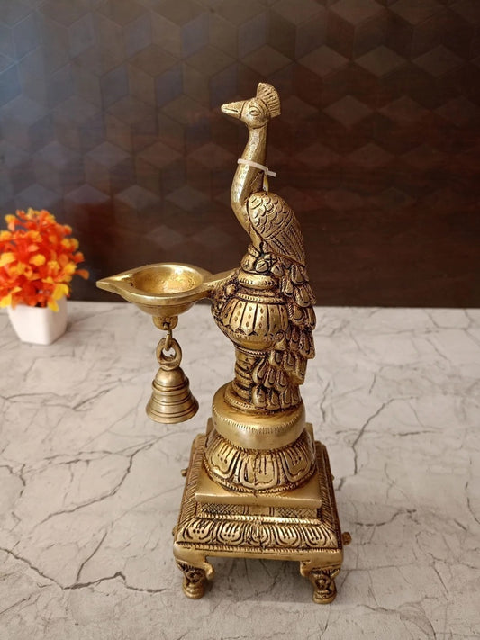 Brass Peacock Diya with Bell | Handcrafted Mayil Brass Oil Lamp for Pooja, Home & Vastu