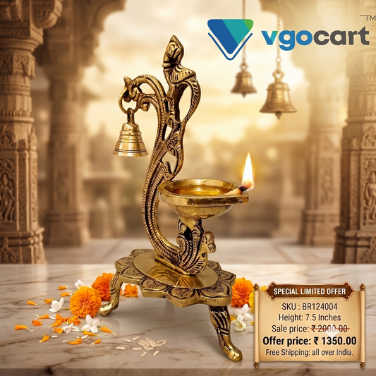 Brass Single Face Diya with Designer Base & Bell | Premium Handcrafted Brass Oil Lamp for Pooja, Home & Vastu