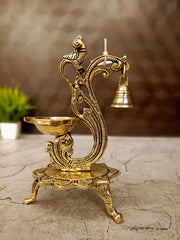 Brass Single Face Diya with Designer Base & Bell | Premium Handcrafted Brass Oil Lamp for Pooja, Home & Vastu