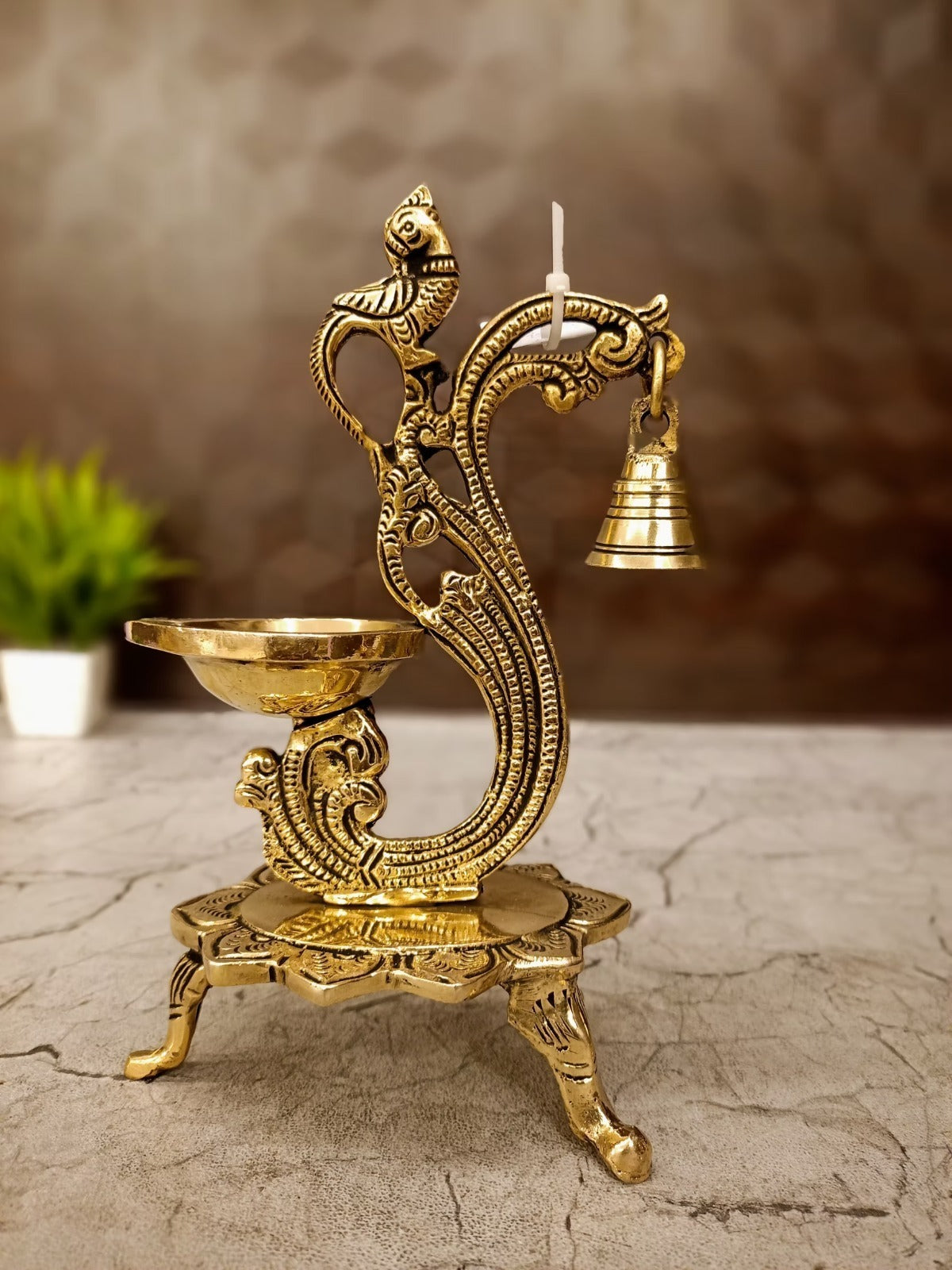 Brass Single Face Diya with Designer Base & Bell | Premium Handcrafted Brass Oil Lamp for Pooja, Home & Vastu