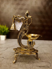 Brass Single Face Diya with Designer Base & Bell | Premium Handcrafted Brass Oil Lamp for Pooja, Home & Vastu