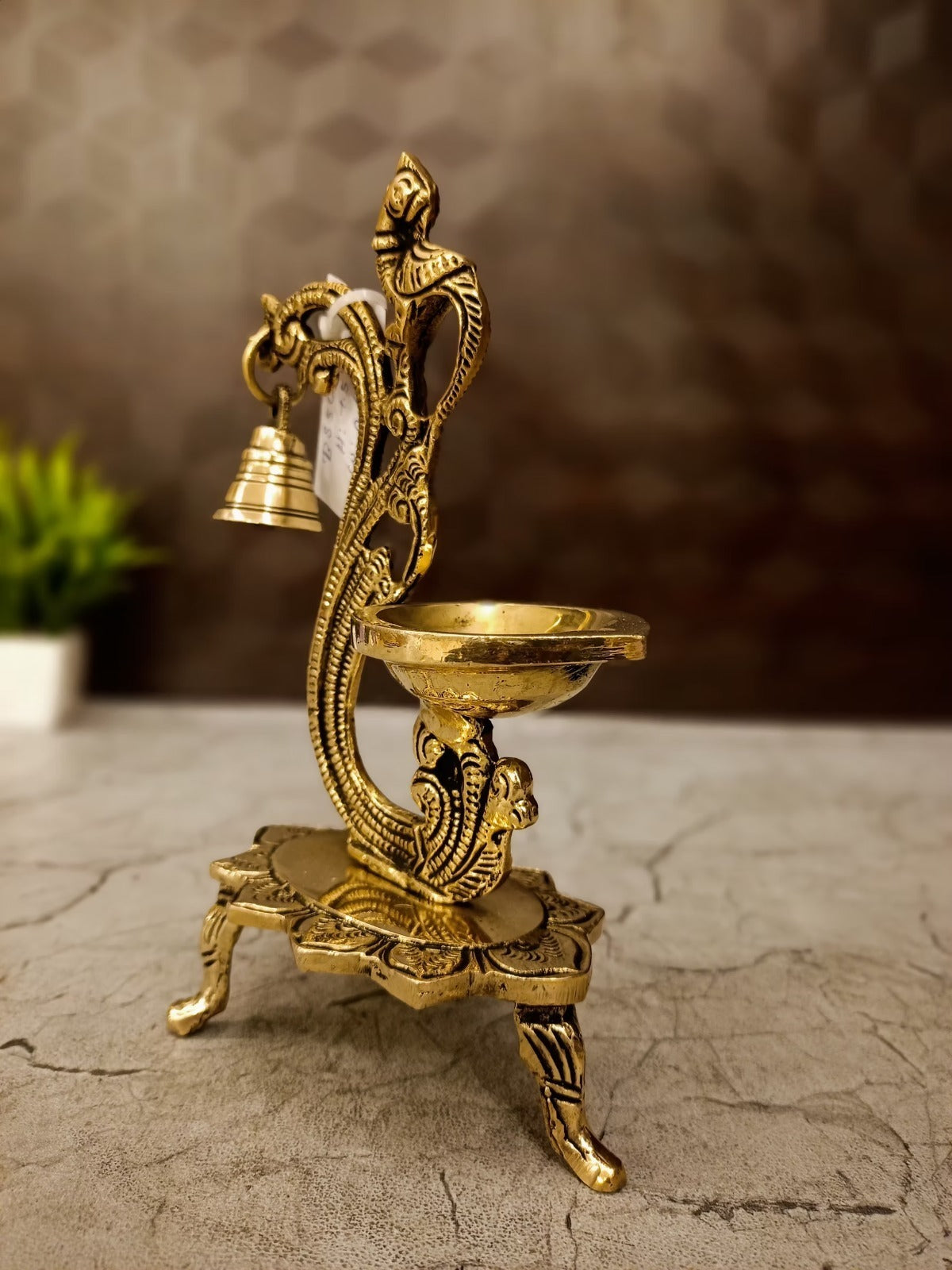 Brass Single Face Diya with Designer Base & Bell | Premium Handcrafted Brass Oil Lamp for Pooja, Home & Vastu
