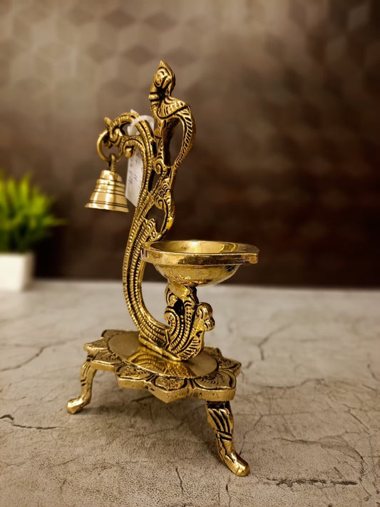 Brass Single Face Diya with Designer Base & Bell | Premium Handcrafted Brass Oil Lamp for Pooja, Home & Vastu