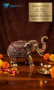 Brass Fine Art Elephant with Stone Work | Premium Decorative Elephant Showpiece for Home, Pooja & Vastu Décor