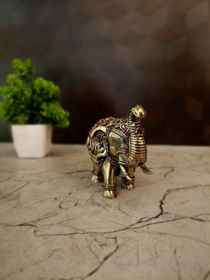 Brass Fine Art Elephant with Stone Work | Premium Decorative Elephant Showpiece for Home, Pooja & Vastu Décor
